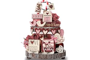 Marsui 19 Pcs Vintage Farmhouse Valentine's Day Tiered Tray Decor Set, Rustic Heart Wood Signs with Hugs Kisses, Red Pink Valentines Table Decor for Home Kitchen Living Room