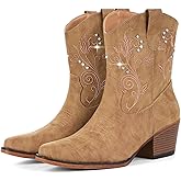 IUV Cowboy Boots for Women Ankle Cowgirl Boots with Embroidered Rhinestone Decor Chunky Heel Snip Toe Classic Western Wide Booties