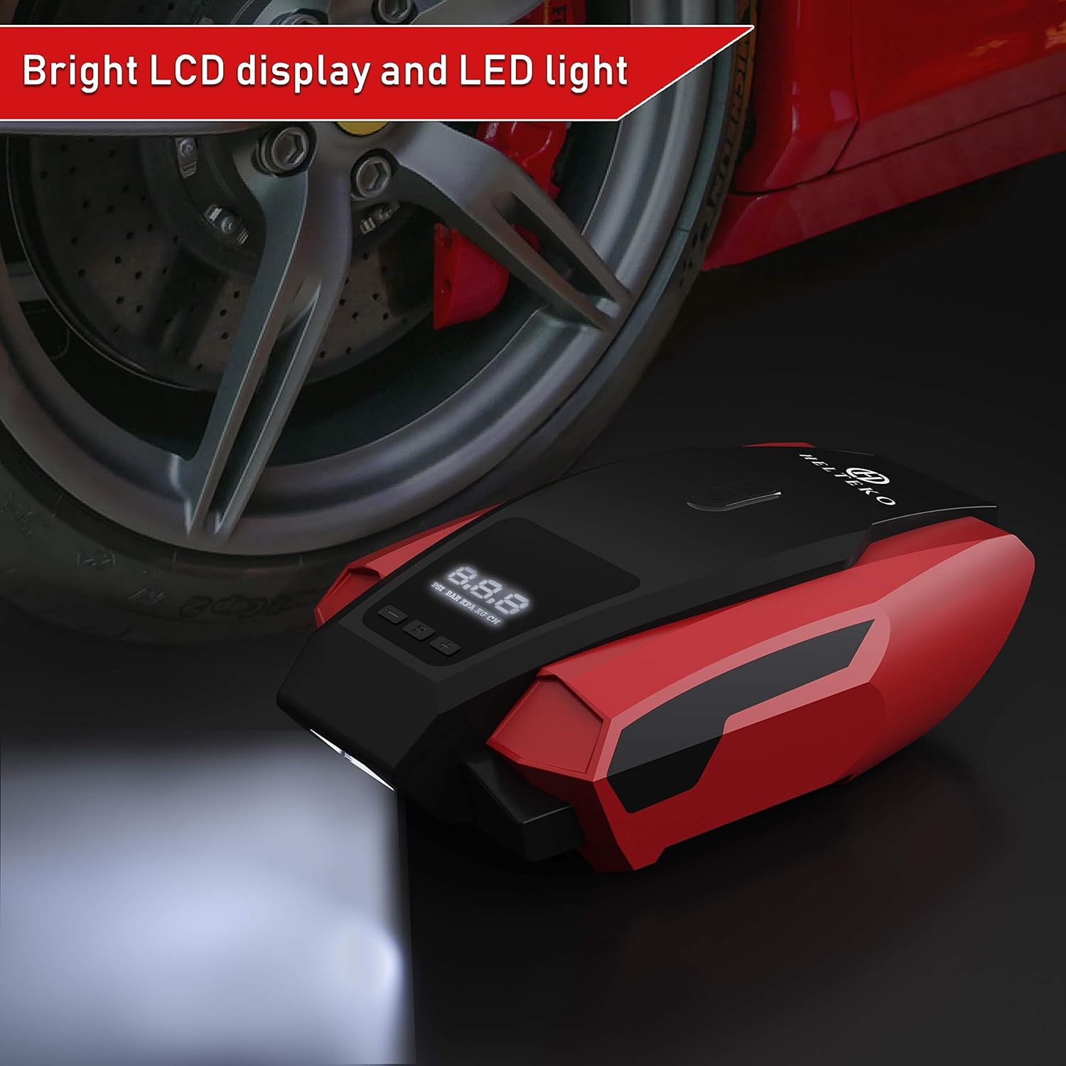 Helteko Portable Air Compressor Pump 12V DC - Digital Tire Inflator - Auto Tire Pump with Emergency Led Lighting and Long Cable for Car - Bicycle - Motorcycle - Basketball and Other: Automotive