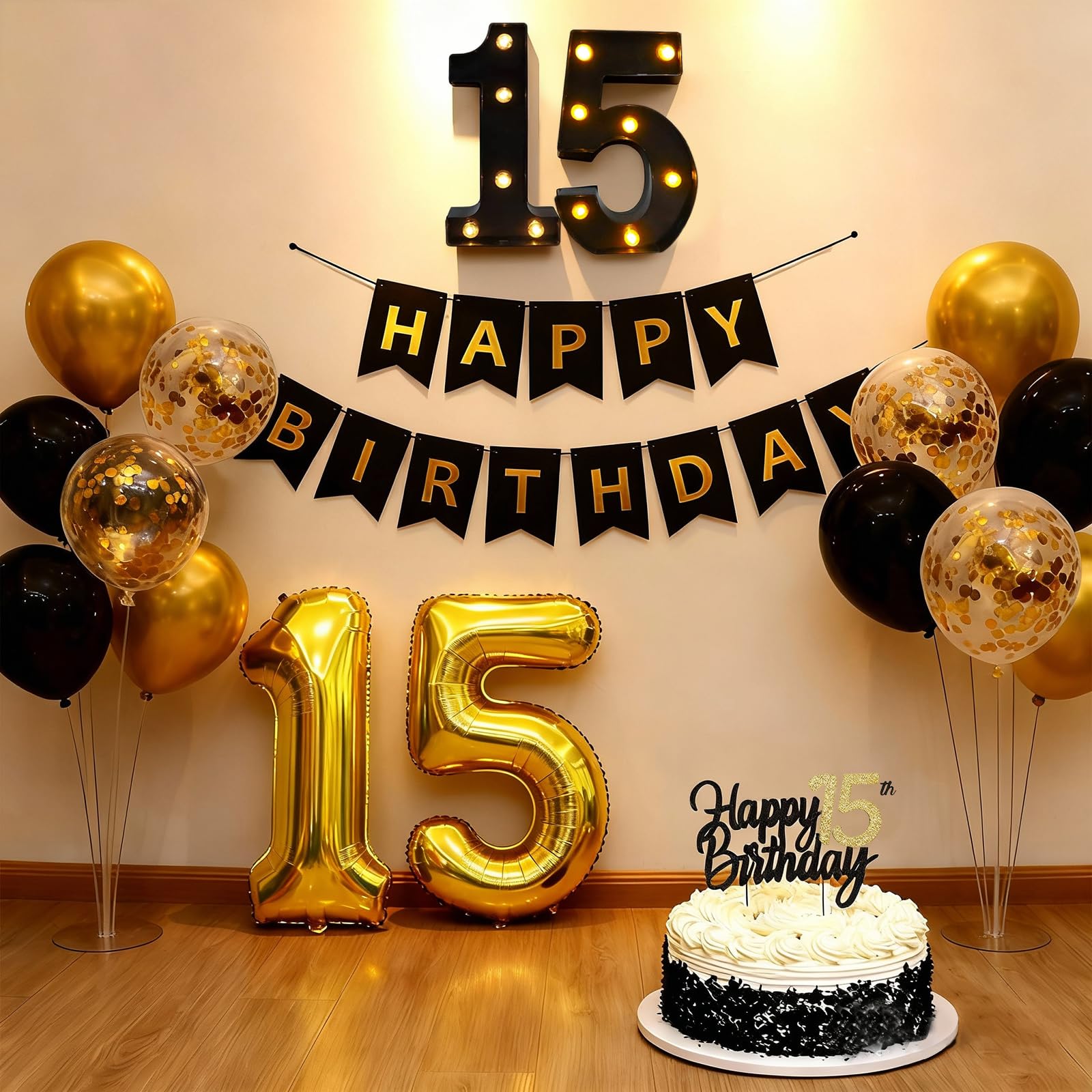 15th Birthday Decorations for Boys, Black Gold Balloons Party Decoration with LED Light Up Marquee Numbers Sign, 32inch Number 15 Balloons, Happy Birthday Banner, Cake Topper for 15th Party Decor