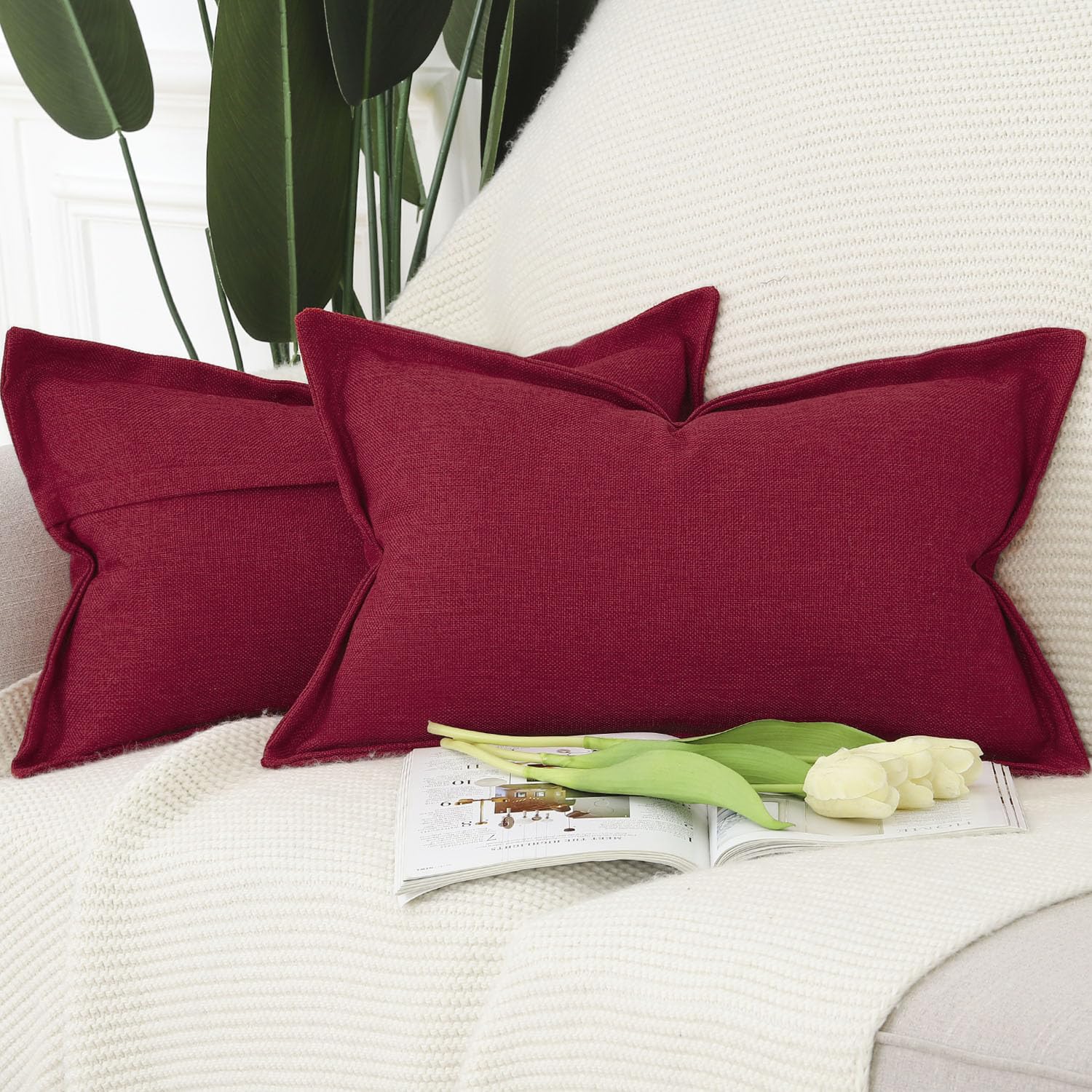 Madizz Set of 2 Faux Linen Cushion Covers with Broad Edge Soft Boho Decorative Pillow Cases for Sofa Bedroom Modern Pillow Shell 12x20 inch, 30x50 cm Red