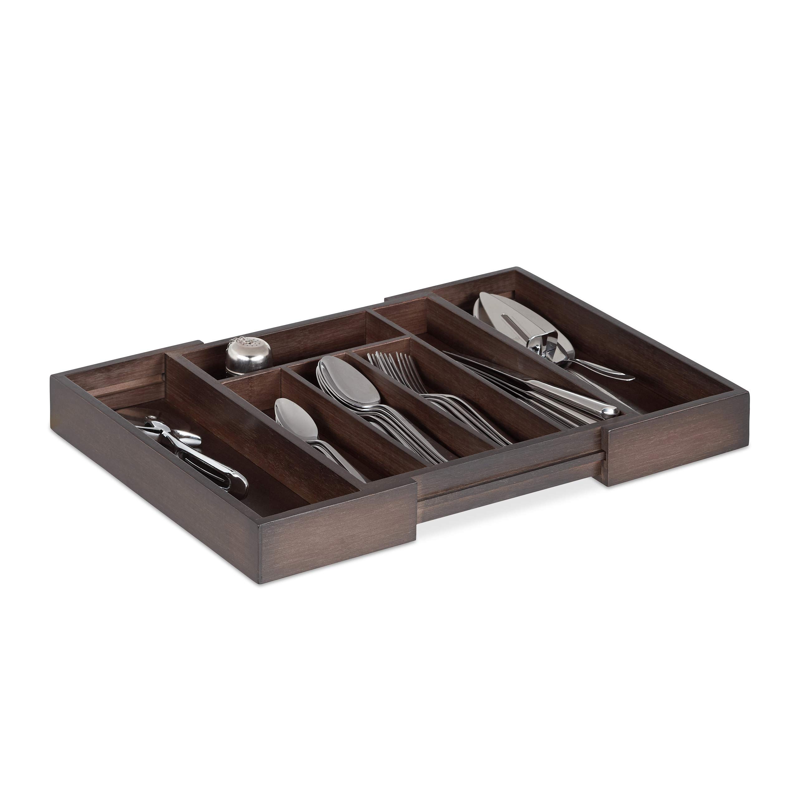 Relaxdays Cutlery Drawer Tray, Extendable, Variable Width, 5-7 Compartments, Bamboo Organiser, HWD: 5x48x33.5cm, Dark Brown