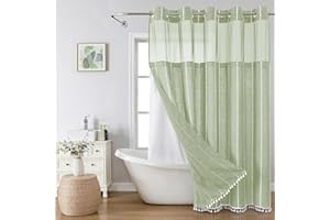eachope No Hook Sage Green Farmhouse Shower Curtain with Snap-in Liner Set,Boho Linen Rustic Heavy Duty Striped Fabric Shower Curtain with Tassel,Hotel Style Cloth Shower Curtains for Bathroom,71x74