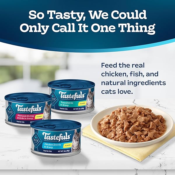 BLUE BUFFALO TASTEFULS FLAKED WET CAT FOOD VARIETY PACK, MADE WITH NATURAL INGREDIENTS, TUNA, CHICKEN, FISH & SHRIMP, 5.5-OZ CANS (24 COUNT, 8 OF EACH)