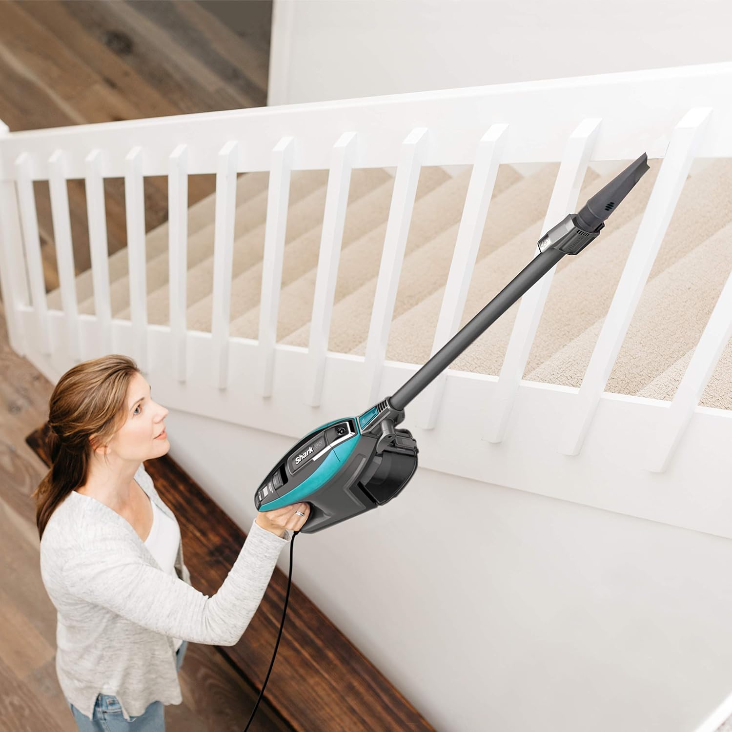 Shark ZS362 APEX Corded Stick Vacuum with DuoClean and Self-Cleaning Brusholl, Precision Duster, Crevice and Pet Multi-Tool, Forest Mist Blue, 10.2 in L x 9.8 in W x 46.4 in H -