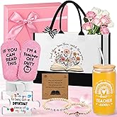 Acellegic Teacher Gift Set for Women Teacher Appreciation Gifts Christmas Thank You Glass Cup, Canvas Tote, Apple Charm Bracelet, Acrylic Puzzle, Gift Box, Coral Fleece Socks, Sunflower Crochet Plush