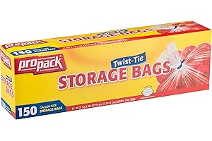 ProPack Disposable Plastic Storage Bags with Original Twist Tie, 1 Gallon Size, 150 Bags, Great for Home, Office, Vacation, Traveling, Sandwich, Fruits, Nuts, Cake, Cookies, Or Any Snacks (1 Packs)