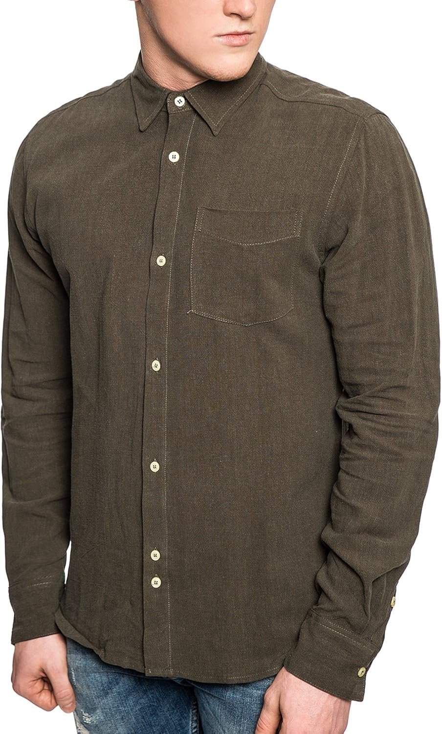 Bellfield - Camisa para hombre (lino, militar, con botones, estilo casual, color caqui Verde caqui M: Amazon.es: Ropa y accesorios