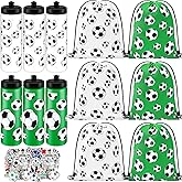 Funnymoom 24 Pcs Soccer Water Bottles Drawstring Bag Set with 50 Sticker Soccer Party Favors 12 Reusable Sports Squeeze Water Bottles 20oz 12 Soccer Goodie Gift Bag for Soccer Team Gifts Players Gym