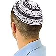HolYudaica Hand Made 100% Cotton DMC Hand Knitted Kippah Hat from Israel, Yamaka Jewish Hats for Men, Yarmulke Hat (White Grey, 19cm-7.5inch-Flat)