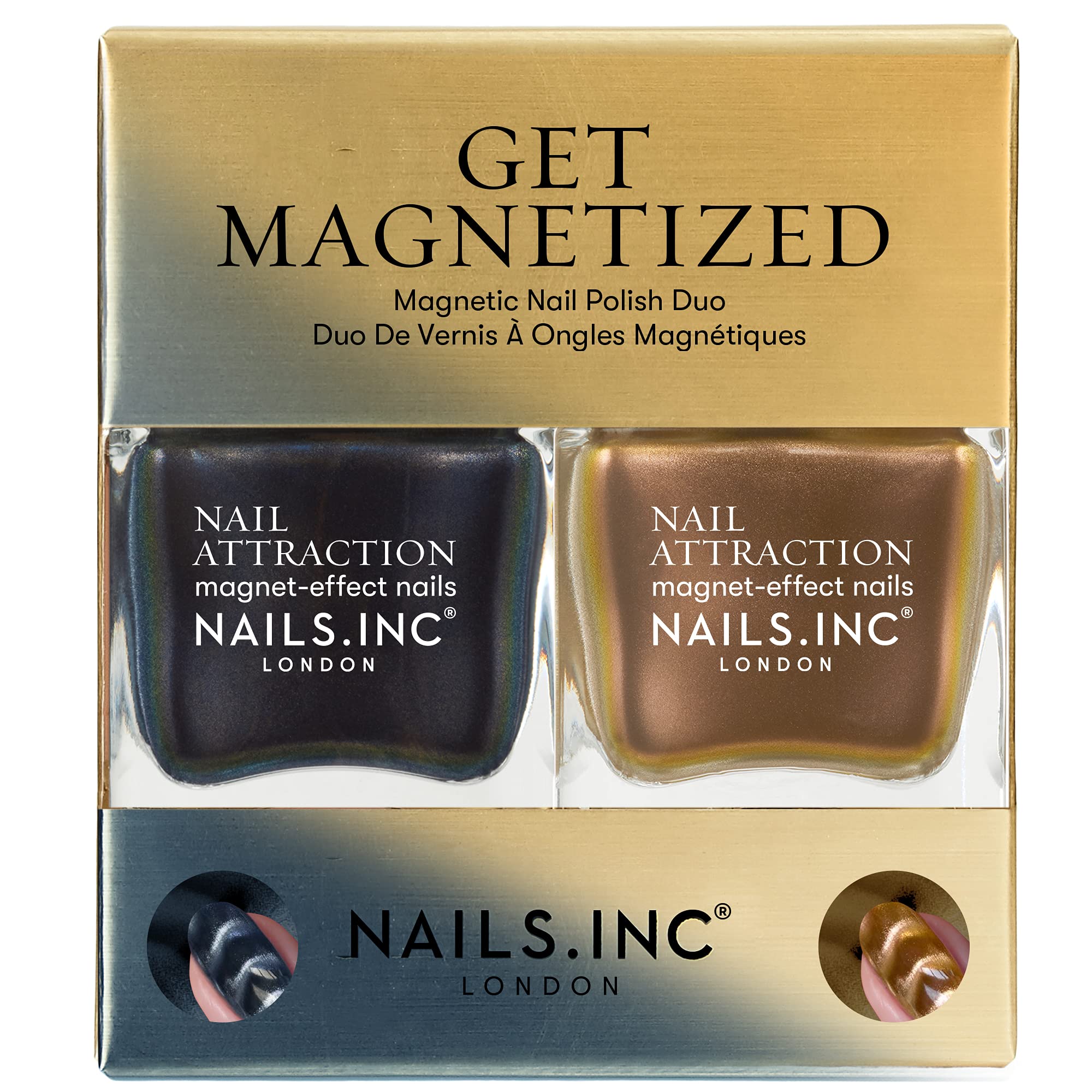 Nails Inc Nail Attraction Get Magnetized Nail Polish Duo, Cat Eyes For Nail Art, Glitter, Black & Gold Shimmer Shades, Long Lasting, Quick Drying, Vegan, 2 Piece Set