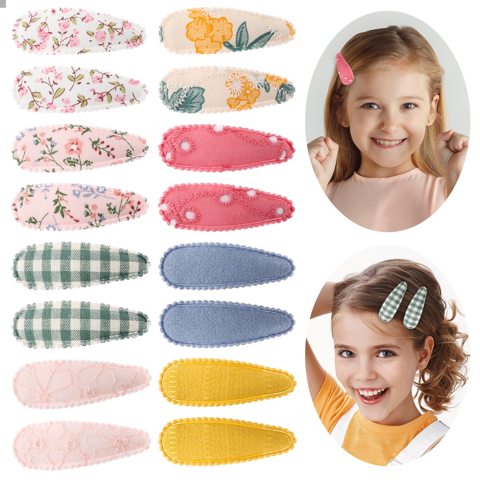 WLLHYF 16 Pieces Girls Toddler Floral Print Hair Clips Cloth Non-Slip Fabric Wrapped Metal Snap Hairpins Floral Design Hair Barrettes Accessories for Kids Baby Teens Girls Women