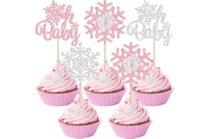 Gyufise 24Pcs Snowflake Oh Baby Cupcake Toppers Glitter Winter Frozen Baby Shower Cupcake Picks for Winter Wonderland Gender Reveal Baby Shower Birthday Party Cake Decorations Supplies Pink