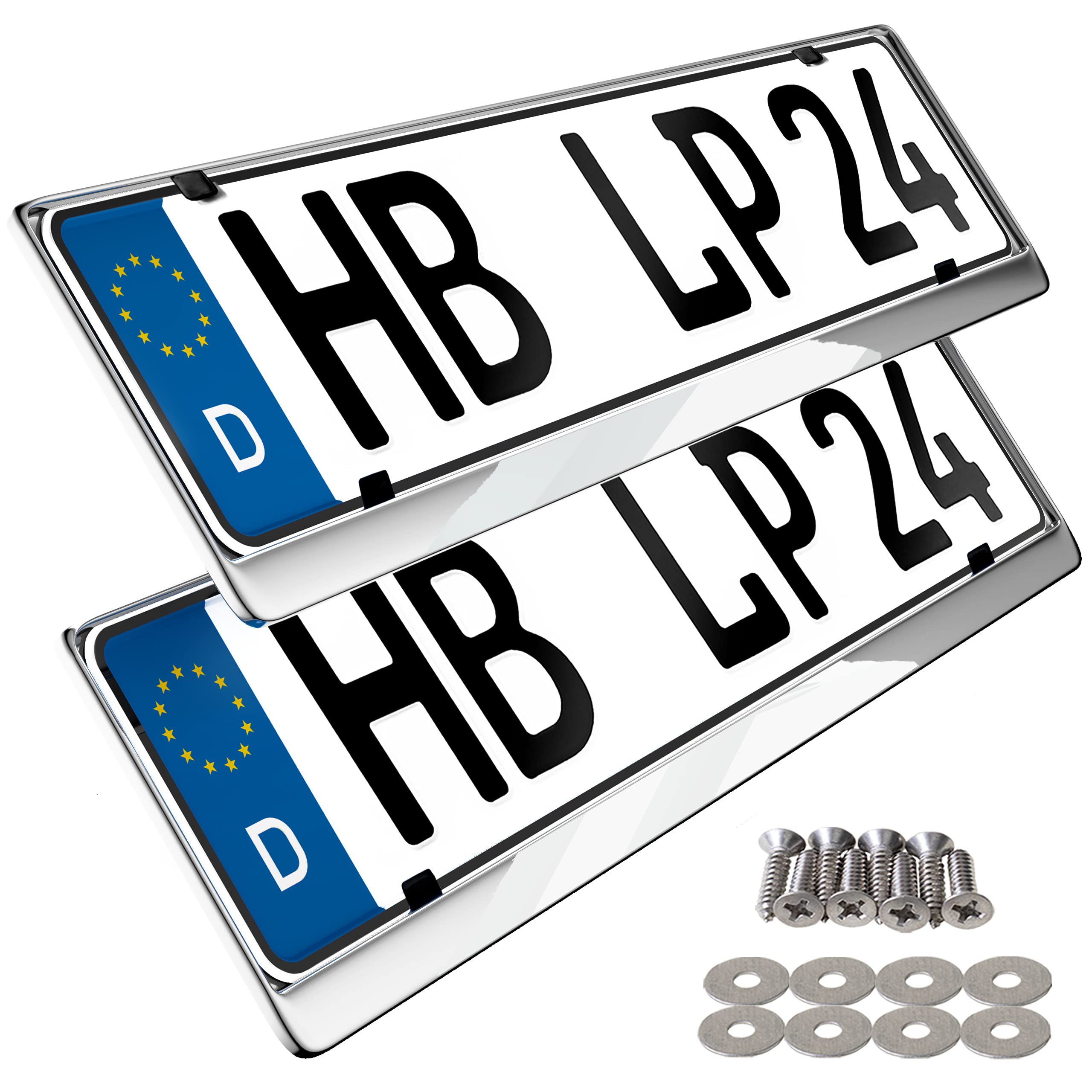 2x Number Plate Holder for Car - License Plate Holder - stainless steel - for UK Registration Plates - 520 x 110 mm - 8 Screws - Universal - Reg Plate Holders - fits for Car Caravan Trailer - 52x11cm