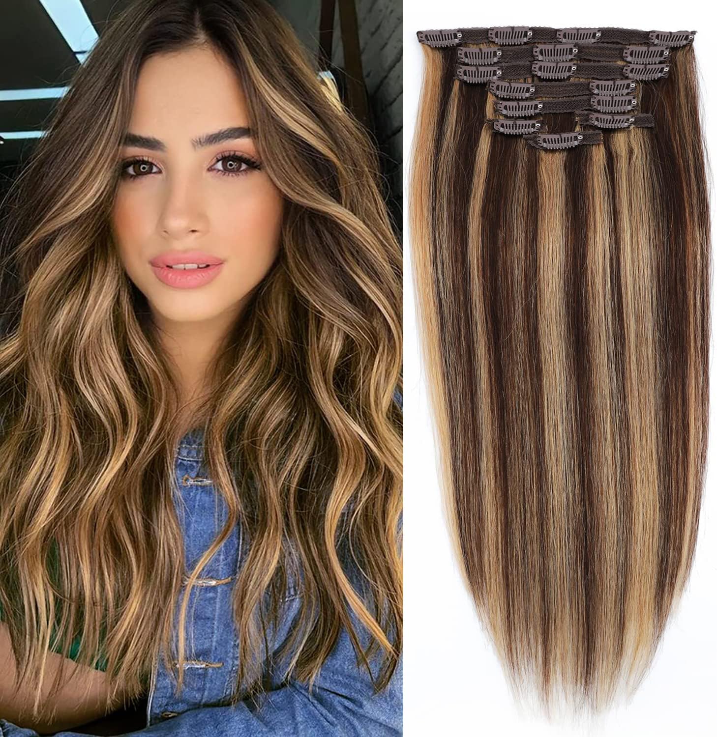 18inch Double Weft Clip in Hair Extensions Real Human Hair 8pcs 100g Full Head-Silky Straight 100% Remy Human Hair Highlighted Color Lace Weft Clip in Human Hair Extensions (18 Inch-100g, #P4/27)