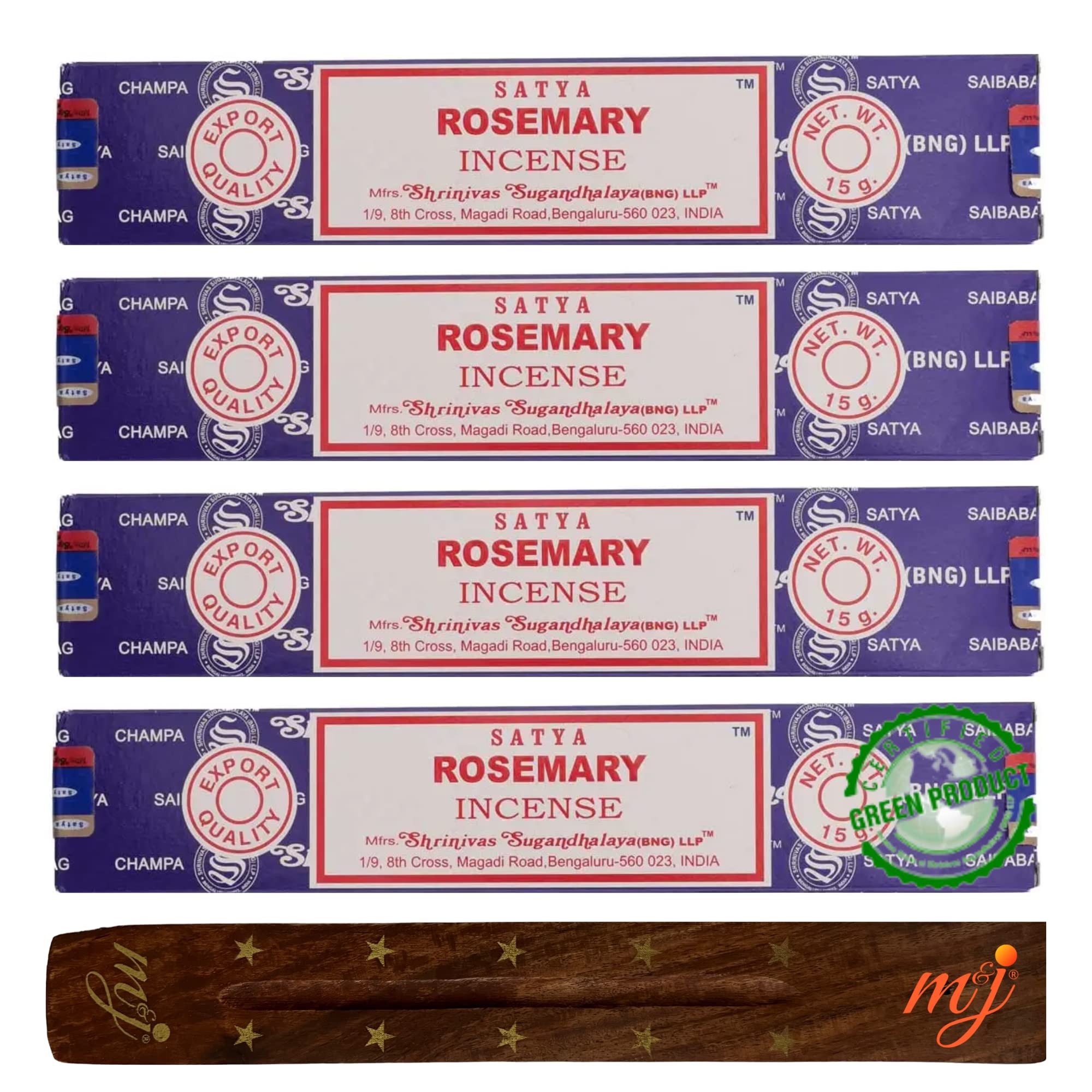 Original Satya Nag Champa Rosemary Incense Sticks | with M&J incense sticks holder | x4 pack | for Aromatherapy, Spa, Yoga, Weddings, Meditation, Healing, Positivity and Relaxation — image 1