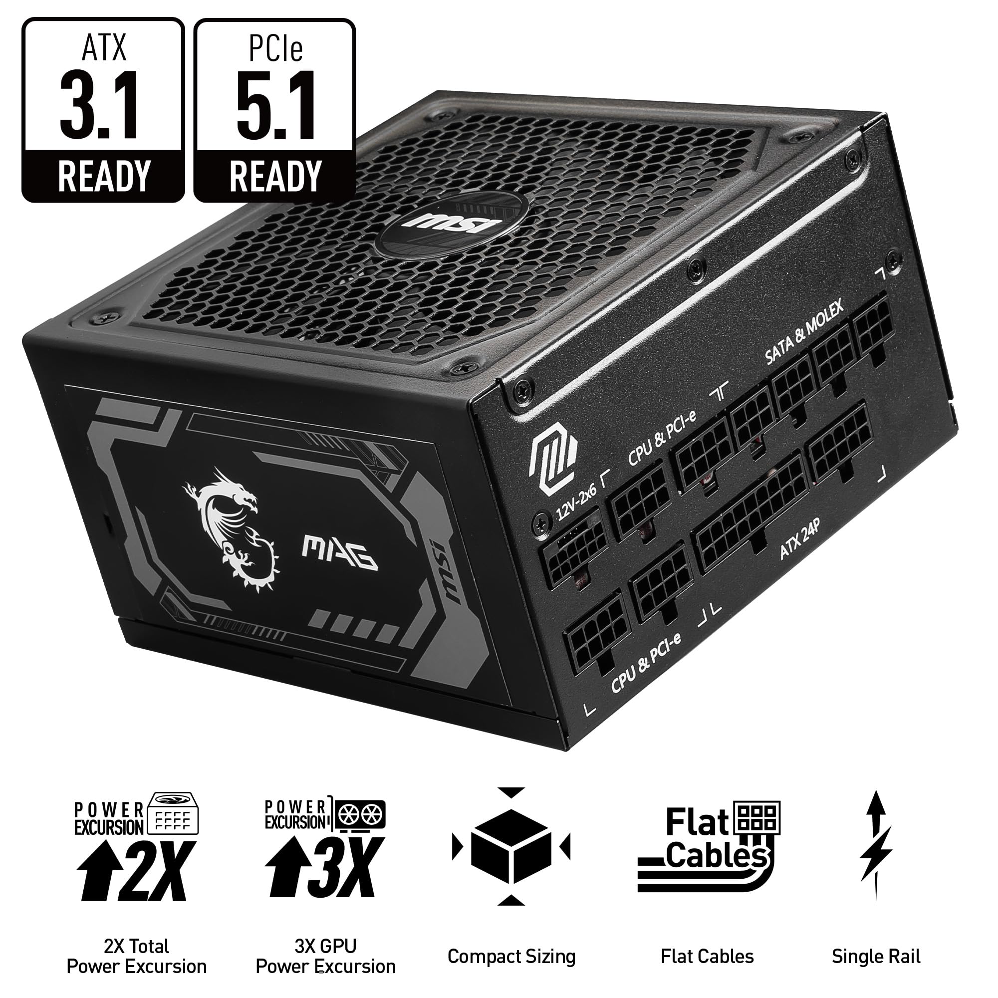 MSI MAG A1000GL PCIE5, Fully Modular Compact Gaming 1000W Power Supply, 80+ Gold, ATX 3.1 & PCIe 5.1 Ready, Native Dual-Color 12V-2x6 Cable, 10 Year Warranty