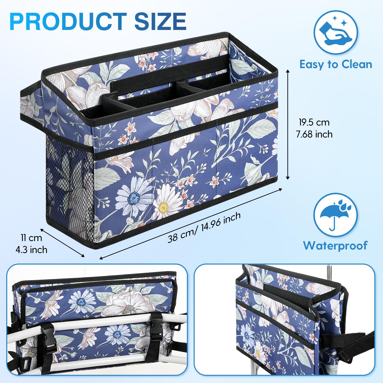 Rhino Valley Walker Basket for Folding Walker, Multi-Pocket Walker Tray with Cup Holder, Foldable Walker Bag, Large Storage Basket for Walker, Walker Accessories for Seniors