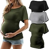 Ficerd 3 Pack Women's Maternity Shirts, Boat Neck Short Sleeve Pregnancy T Shirts Side Ruched Tunic Casual Summer Tee Tops