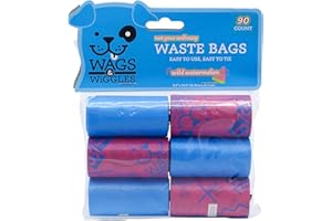 Wags & Wiggles Large Scented Dog Waste Bags | Watermelon Scented Dog Poop Bags | Waste Bags for All Dogs, Great for Everyday Use and Dog Walking | 6 Rolls of Doggie Bags, 90 Count