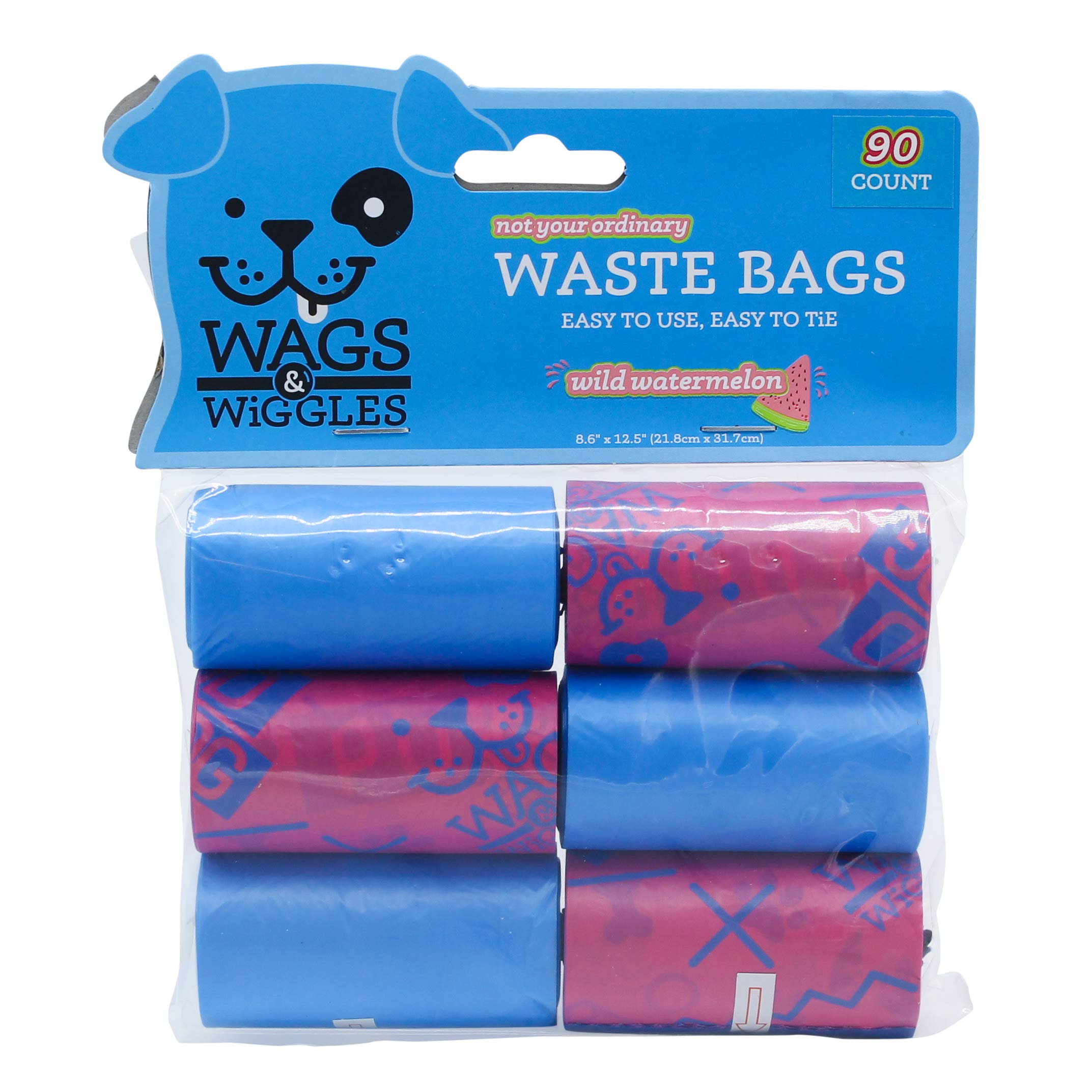 Wags & Wiggles Large Scented Dog Waste Bags | Watermelon Scented Dog Poop Bags | 6 Rolls of Doggie Bags, 90Count