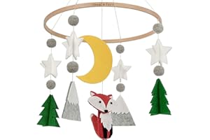 Sorrel + Fern Baby Crib Mobile (Woodland Fox) - Nursery Decoration - Ceiling Mobile and Crib Mobile - Hypoallergenic Eco-Felt, Unfinished Wood, Adjustable, Green, Grey, Yellow, Red/Brown
