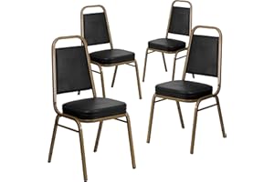 Flash Furniture 4 Pack HERCULES Series Trapezoidal Back Stacking Banquet Chair in Black Vinyl - Gold Frame