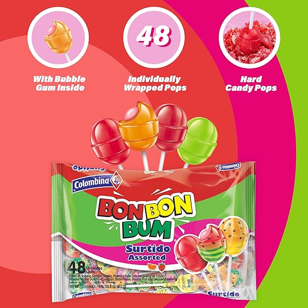 COLOMBINA BON BON BUM ASSORTED LOLLIPOPS FRUIT HARD CANDY, INDIVIDUALLY WRAPPED SWEET FRUIT POPS, 48 COUNT (PACK OF 1)