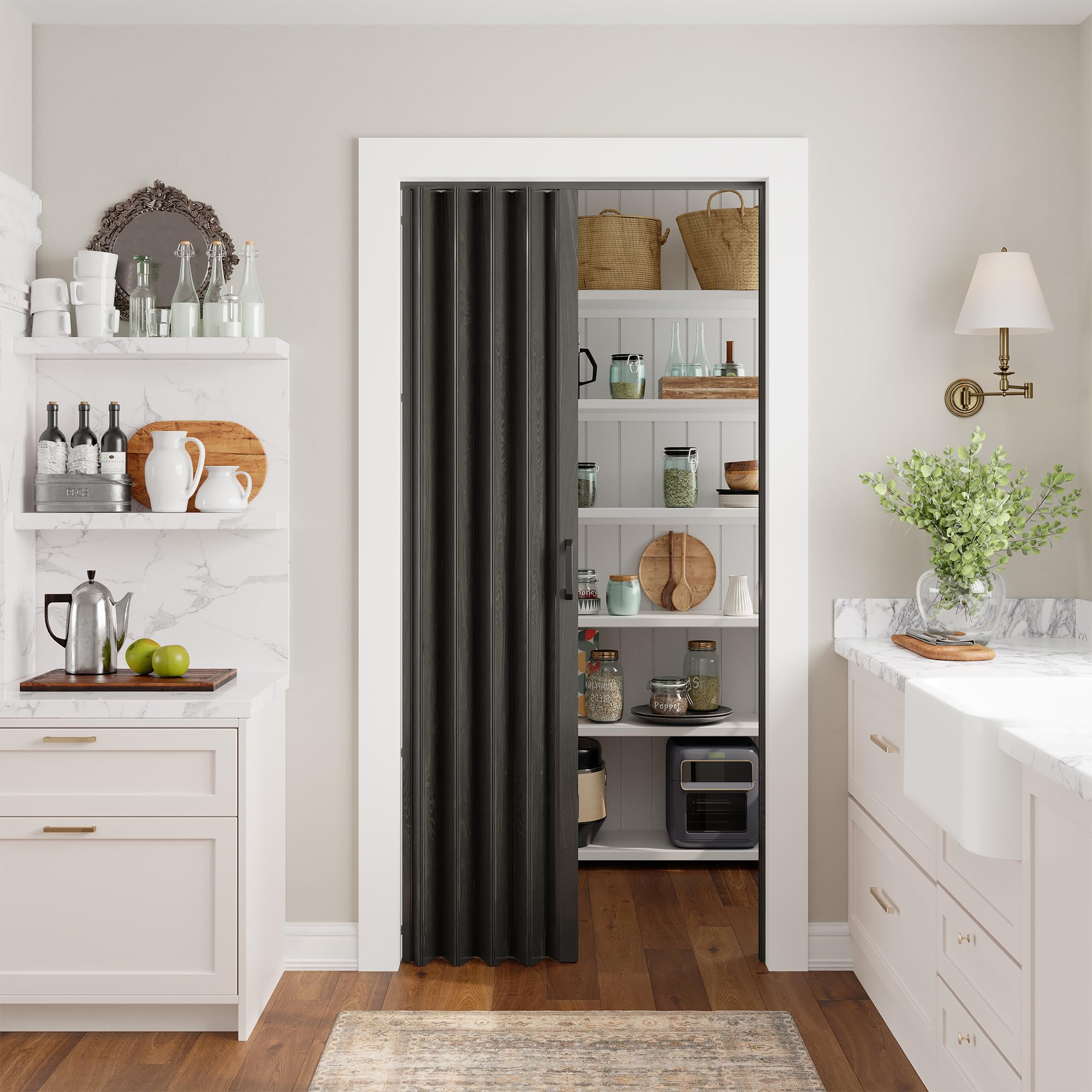 Photo 1 of SmartStandard 48" x 80" Accordion Doors Interior, PVC Accordion Folding Doors for Doorway, Include Door, Mounting Hardware and Handle, Double-Layer for Closet Bathroom Basement, Black