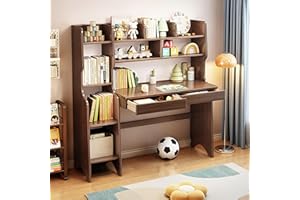 BALANBO Kids Desk Kids Table with Drawers and Bookshelf Rubber Wood Kids Media Desk Student Learning Computer Workstation and Writing Desk (Brown)