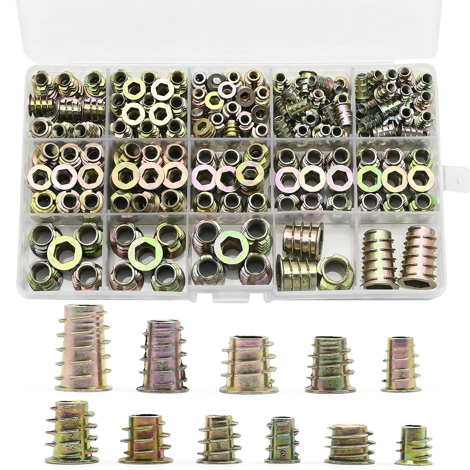 230 Pcs Zinc Alloy Furniture Hex Socket Screw, Zinc Alloy Hex Socket Screw Nut Sets, Furniture Nut Sets Threaded Insert Wood Screws Assortment Kit with 1 Storage Box (M4 M5 M6 M8 M10)