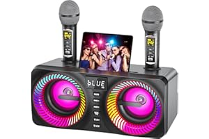 MUSYVOCAY Karaoke Machine for Adults Kids with 2 Wireless Microphones, Portable Bluetooth Speaker with 9 Modes Dynamic LED Lights, Karaoke Speaker with PA System Bass/Echo/USB/TF/AUX for Home Birthday Party