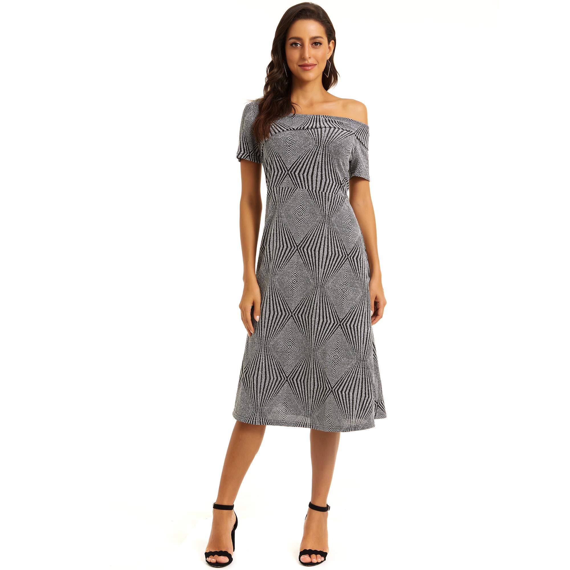 Womens One Off Shoulder Midi Casual Dress Short Sleeve Loose