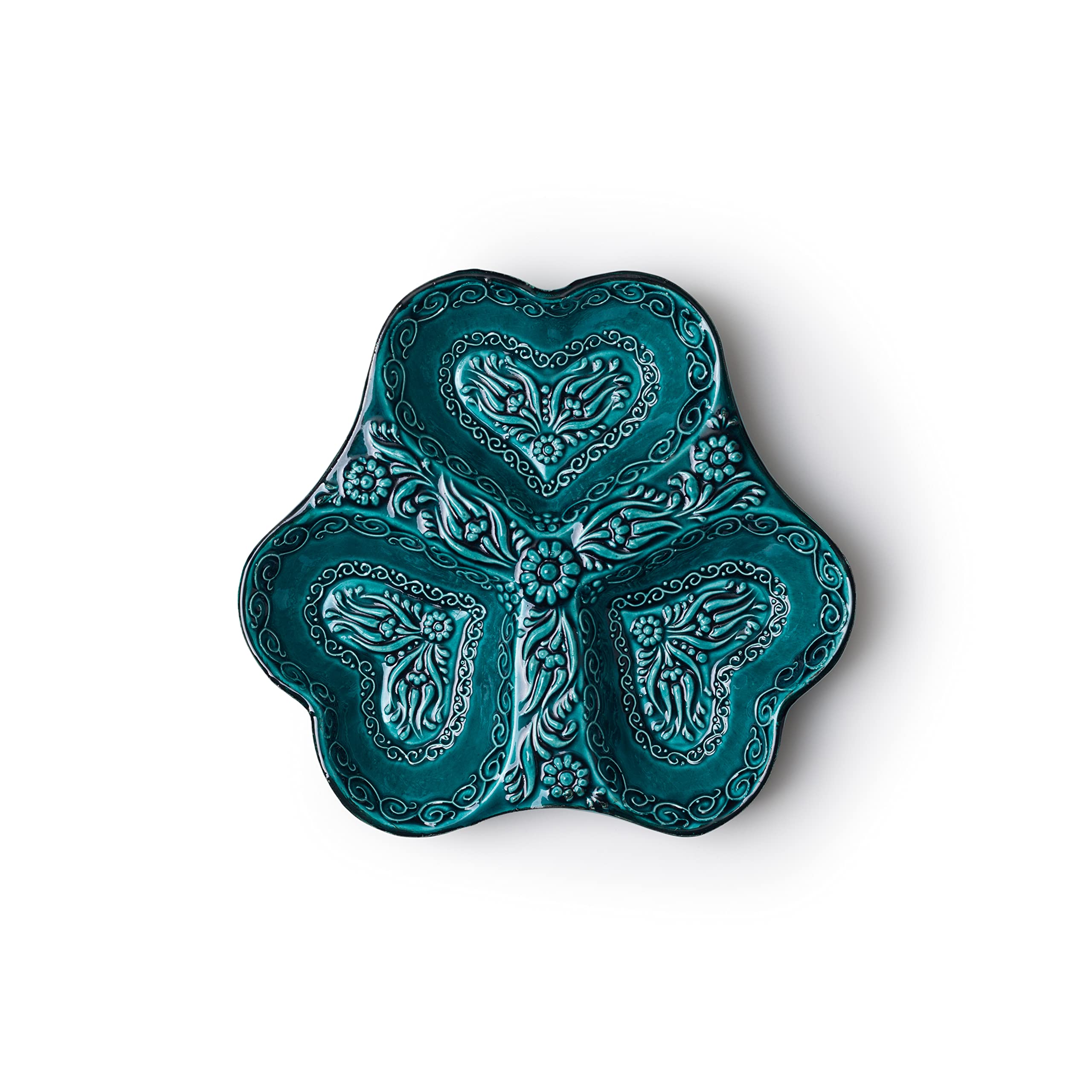 Photo 1 of LEMOSE Heart Shaped Decorative Ceramic Appetizer Plate, 3 Compartment Snack Tray - Floral Pattern Serving Platter - Cute Green Divided Plates - Embossed Dinnerware Bowls - Serving Dish for Fruit, Dips