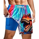 Gleeease 7inch Mens Swim Trunks: with Compression Liner Zipper Pocket Drawstring Quick Dry Stretch Lined 3D FunnyBeach Pool