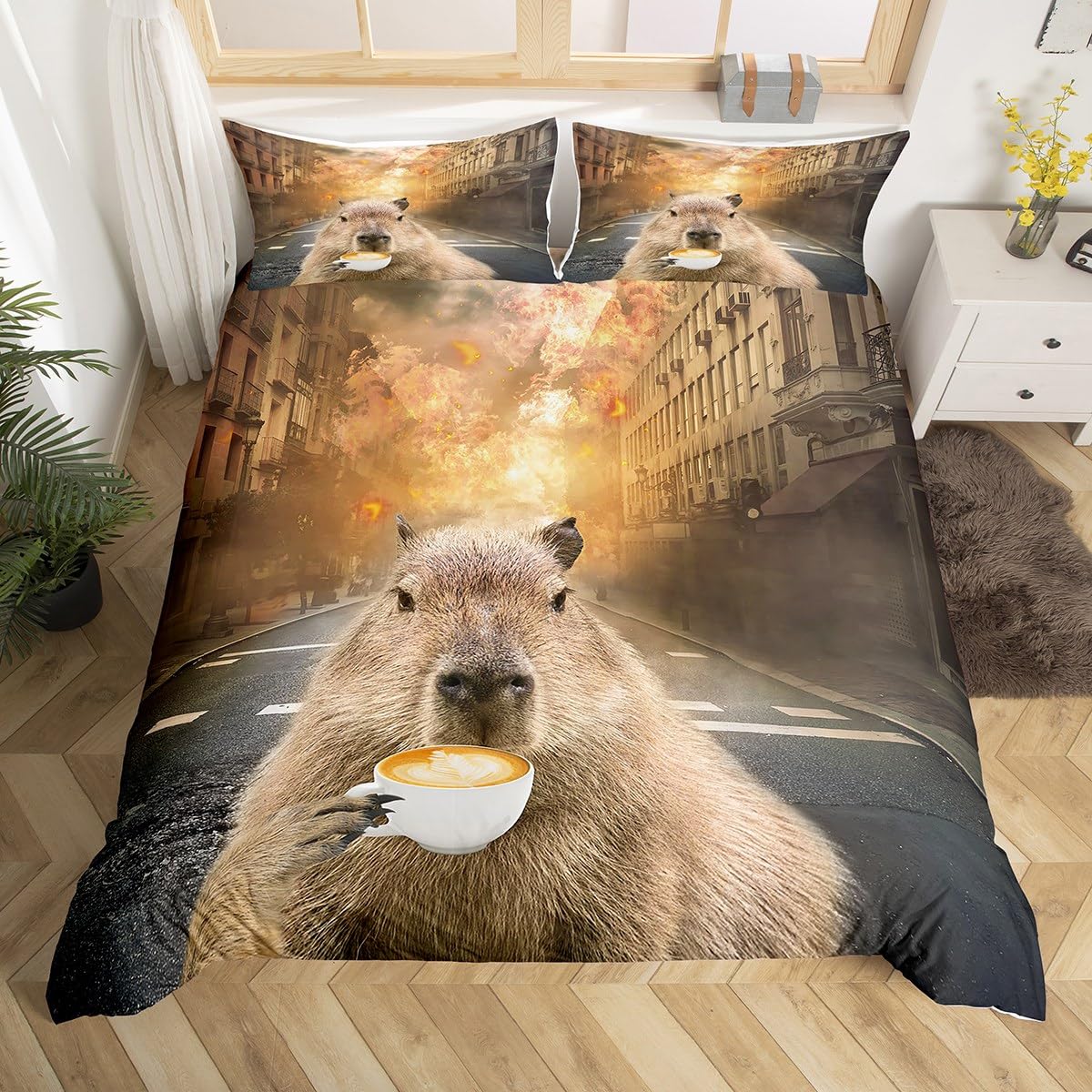 Capybara Bedding Set Funny Animal with Coffee Duvet Cover for Toddlers Kids Boys Girls Bedroom, Cute Rodent Capybara Comforter Cover Lightweight Soft Microfiber Quilt Cover, King