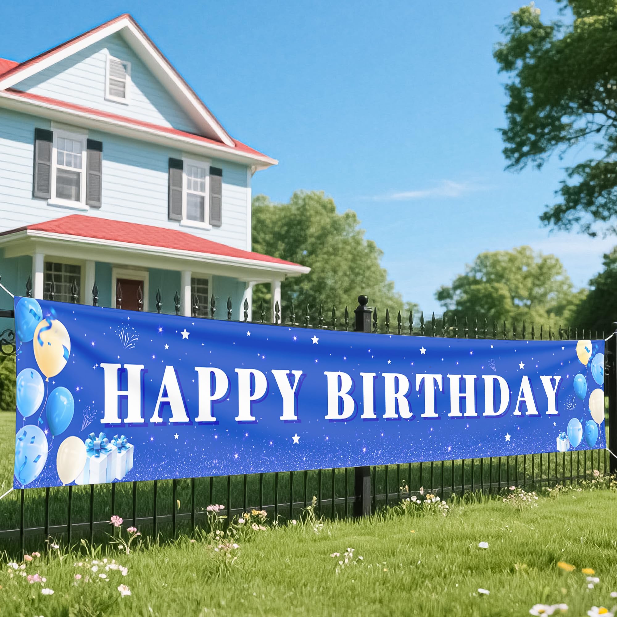 Photo 1 of Blue Happy Birthday Banner for Boys and Girls - Vibrant Blue Birthday Decorations with Durable Design-Jumbo 118x20 Inch Reusable Party Decor for Indoor/Outdoor Celebrations