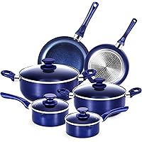 Pots and Pans Set,Aluminum Cookware Set, Nonstick Ceramic Coating, Fry Pan, Stockpot with Lid, Blue,10 Pieces
