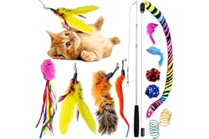 SILLYPET Youngever 12 Pieces Cat Toys Teasing Feather Toy, Retractable Wand with Assorted Teaser Refills, Interactive Feather Teaser Wand Toy Bell Kitten Cat Having Fun Exerciser Playing
