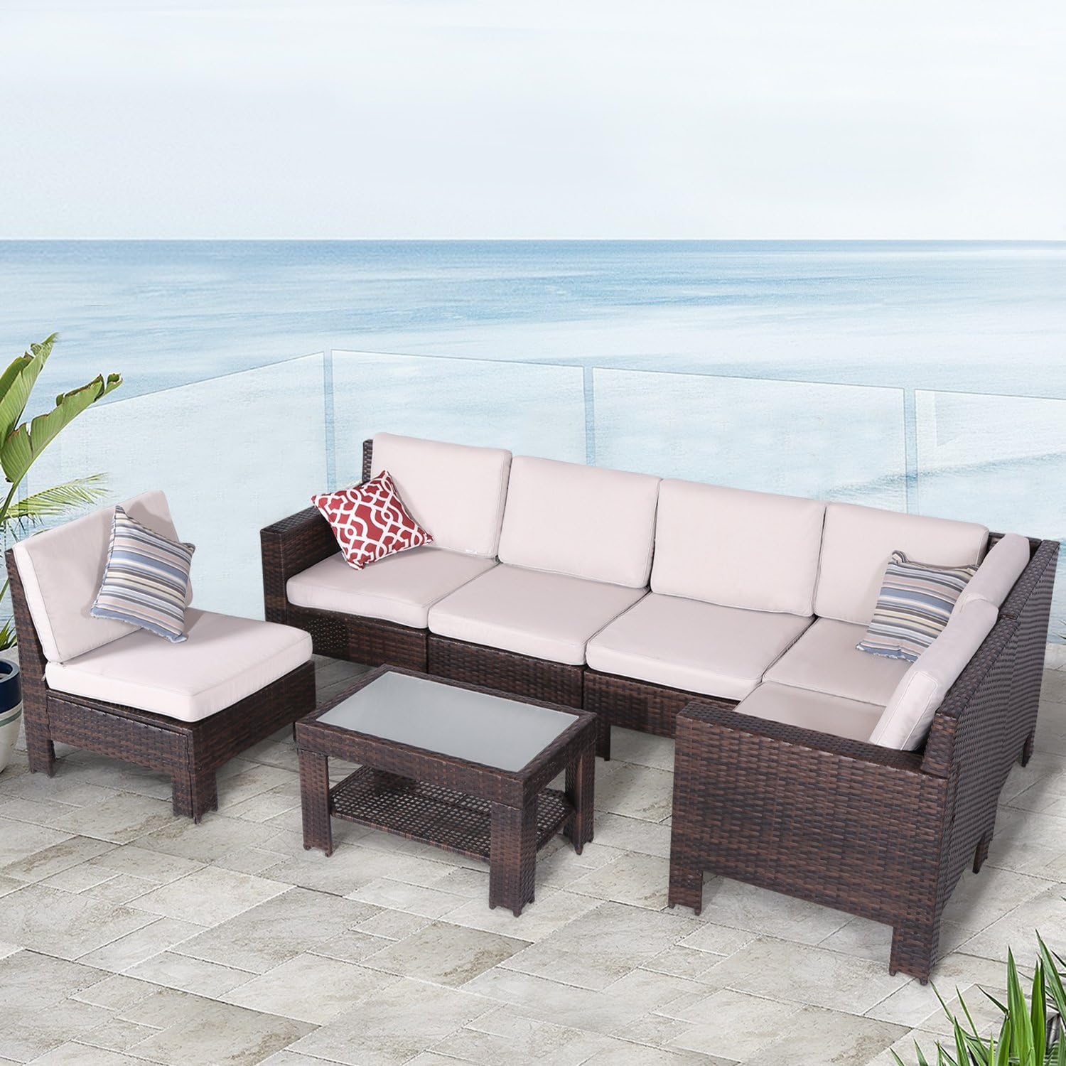 Diensday Outdoor Furniture 7 Piece Sectional Sofa Set All Weather Brown Wicker Deep Seating With Beige Waterproof Olefin Cushions Sophisticated Glass Coffee Table Patio Backyard Pool Porch Amazon Co Uk Garden Outdoors