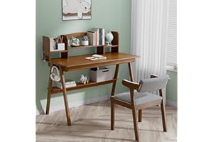 DELAVIN 39.37" Kids Desk and Chair Set, Solid Wood Writing Desk with Hutch and Drawers, Kids Computer Table and Chair Set for Study Room, Bedroom, Walnut