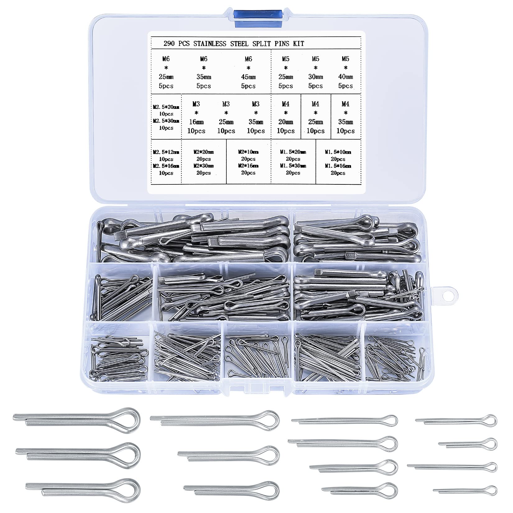 290 Pcs Stainless Steel Split Cotter Pins Kit, Assortment of 24 Sizes for Automotive, Mechanics, Car Garage, Workshop Repair