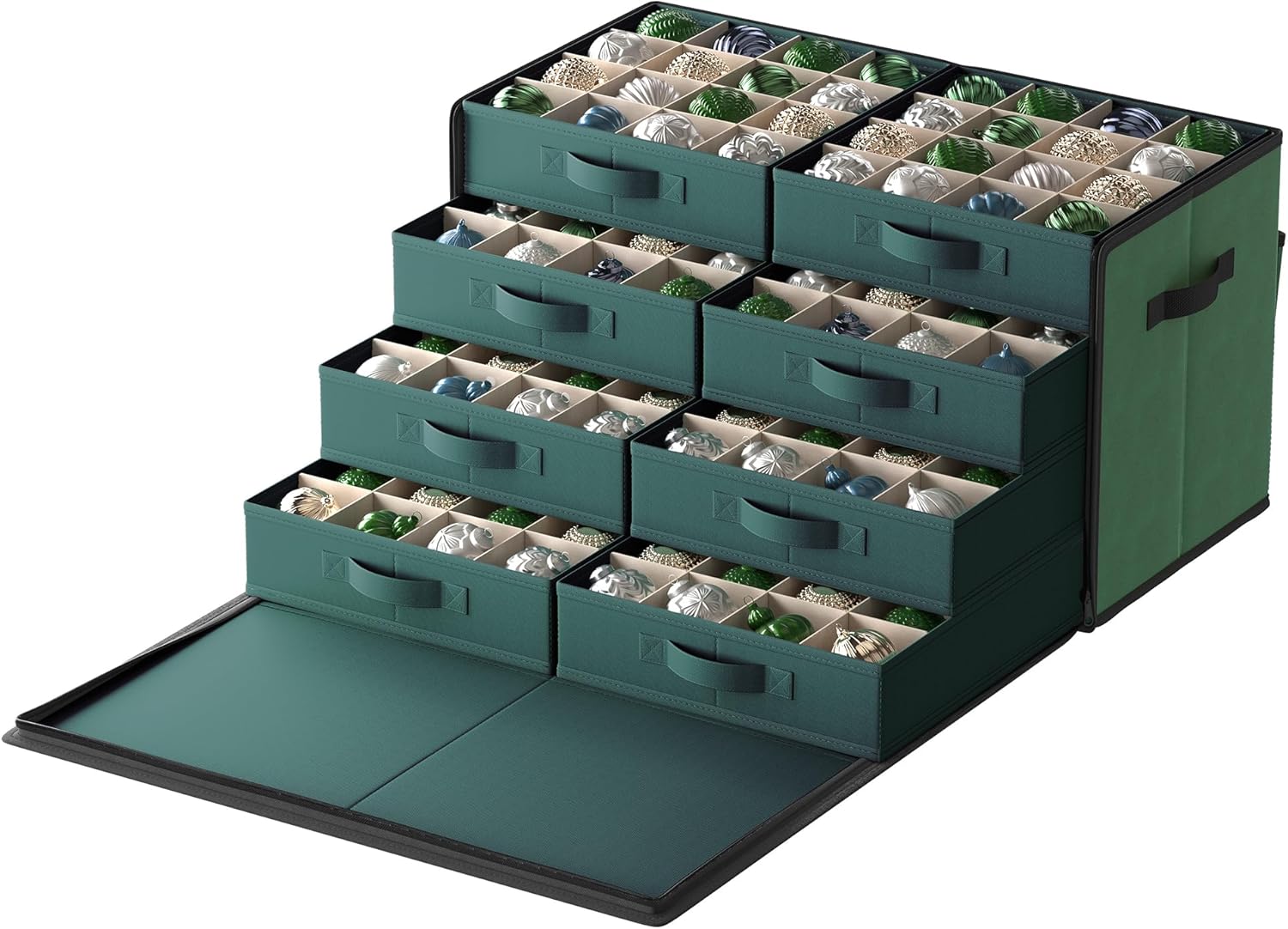 Holiday Décor Storage - SONGMICS Large Christmas Ornament Storage Box, with Side Open, Stackable Christmas Storage Container with Lid, 8 Drawer Trays, 600D Oxford, 3-Inch 128 Slots, Forest Green URFB038C01