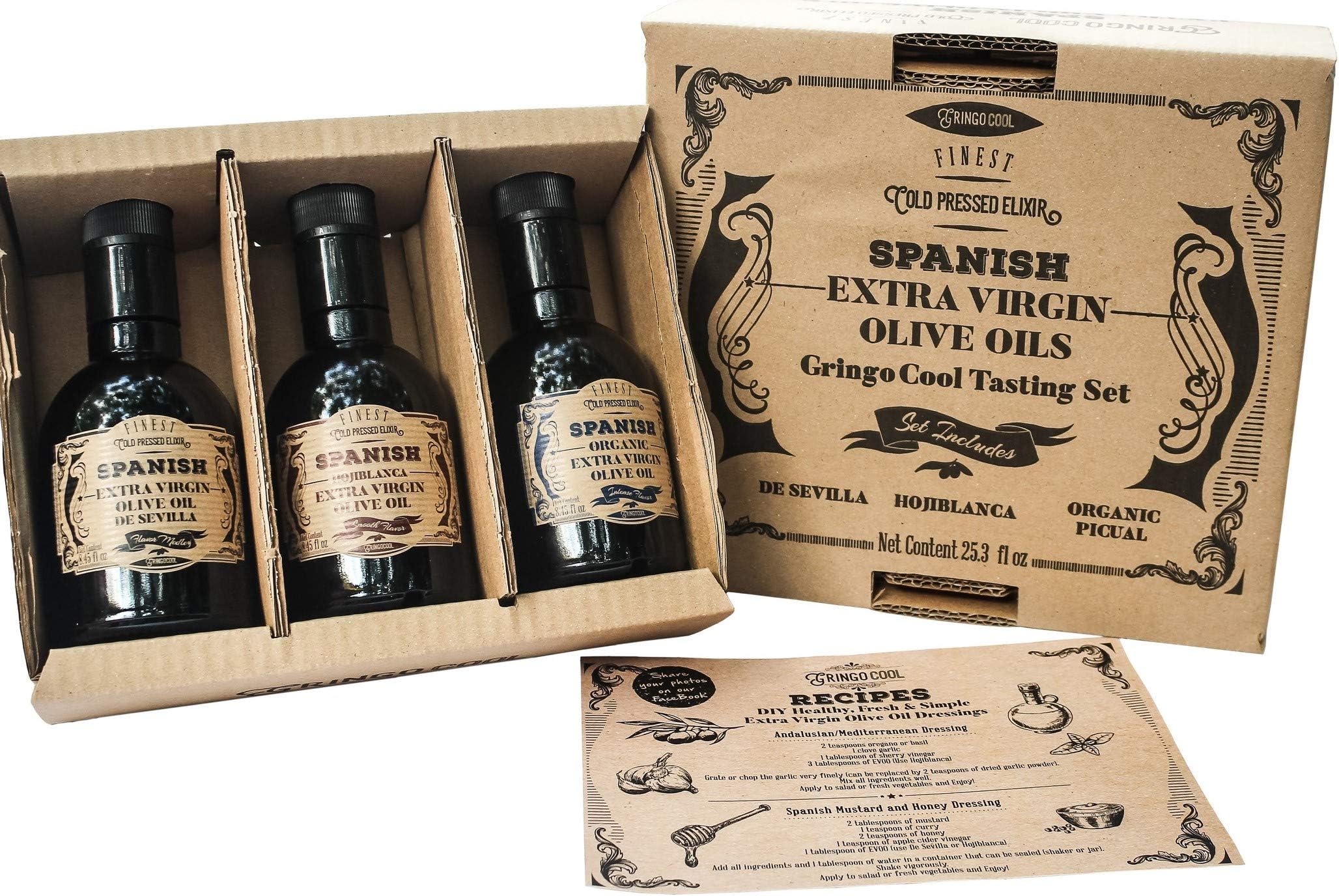 GringoCool Spanish Extra Virgin Olive Oil Three Bottle Variety Tasting Set - Organic, Hojiblanca & De Sevilla, First Cold Pressed, (25.35 fl oz)