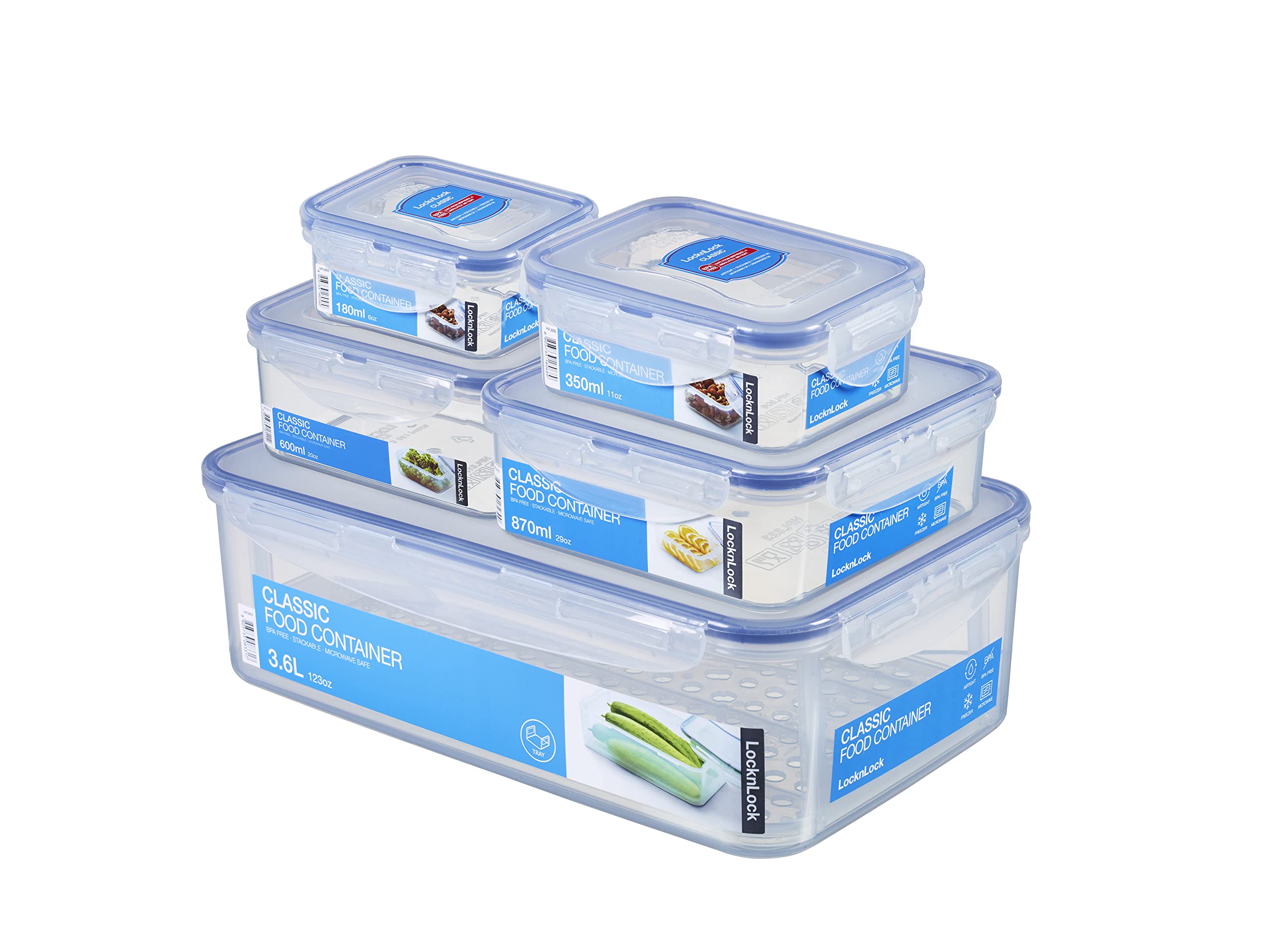 LocknLock PP Classic Storage Containers Set, 5 Pieces, 180 ml, 350 ml, 600 ml, 870 ml, 3.6 L, 100% Airtight and Waterproof, Clever Locking System, Food Storage Containers, Fridge & Freezer Compartment