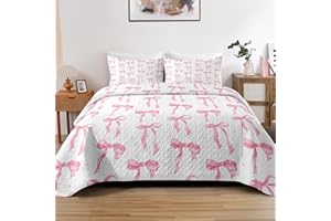 Zzzboro Quilt Set Full Queen Size Children Kids Adults, Cute Coquette Pink Bow Bowknot, Bedding Decor Sweet Themed Elegant Girly Baby Microfiber Bedspread Bedroom Coverlet Bed Comforter 2 Pillowcases