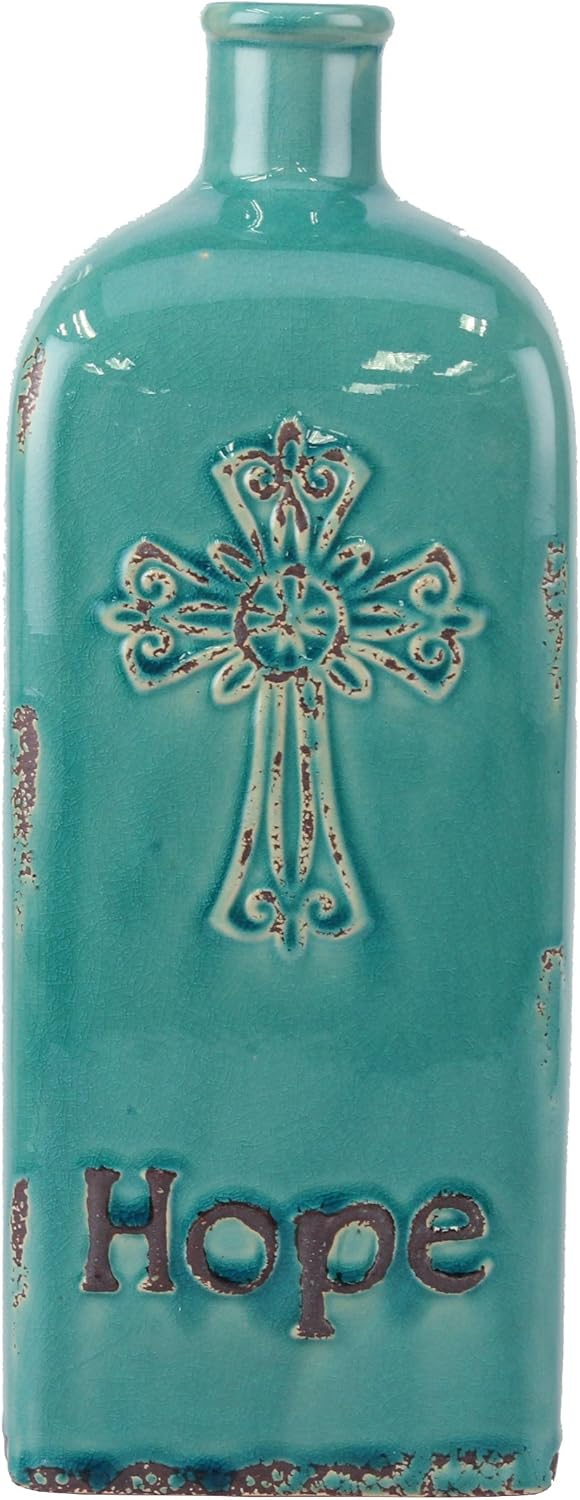 Stonebriar Decorative 12” Worn Turquoise Ceramic Bottle with Cross Detail, French Country Home Decor Accents, Vintage Vase Decoration for Dried or Artificial Flowers: Home & Kitchen