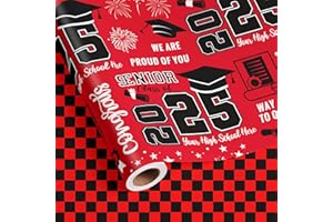 Vnaaem Reversible Graduation Wrapping Paper Roll for Class of 2025 - Black & Red Gift Wrap with "WAY TO GO" "Congrats"Toga Cap & Plaid Design for Graguation Party Supplies, Ceremony Celebration(Total 28.5sq.ft)