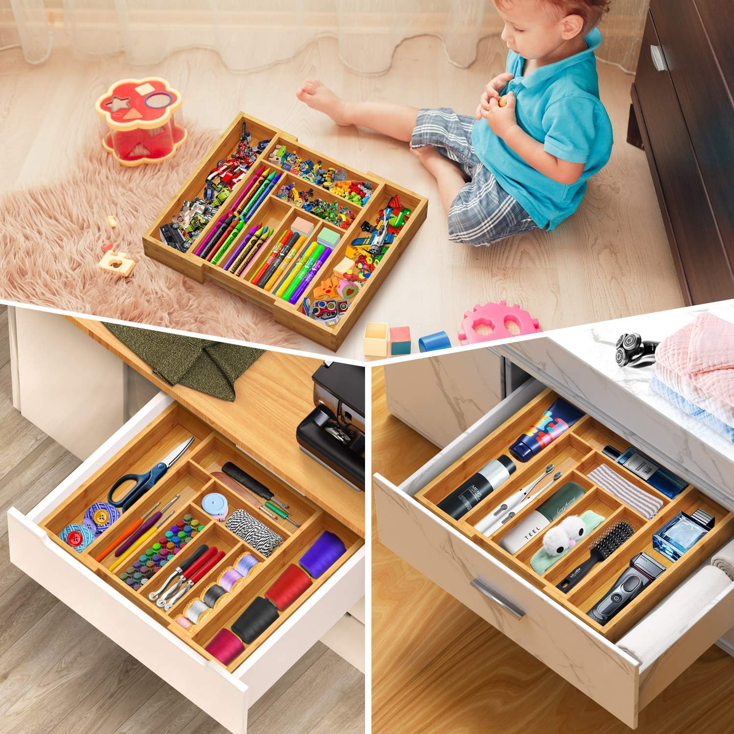 Kitchen Drawer Organizer Expandable, Bamboo Silverware Tray for Kitchen Drawers, Utensils Drawer Organizer Multi-functional Silverware Holder for Kitchen Utensil and Flatware By FURNINXS -
