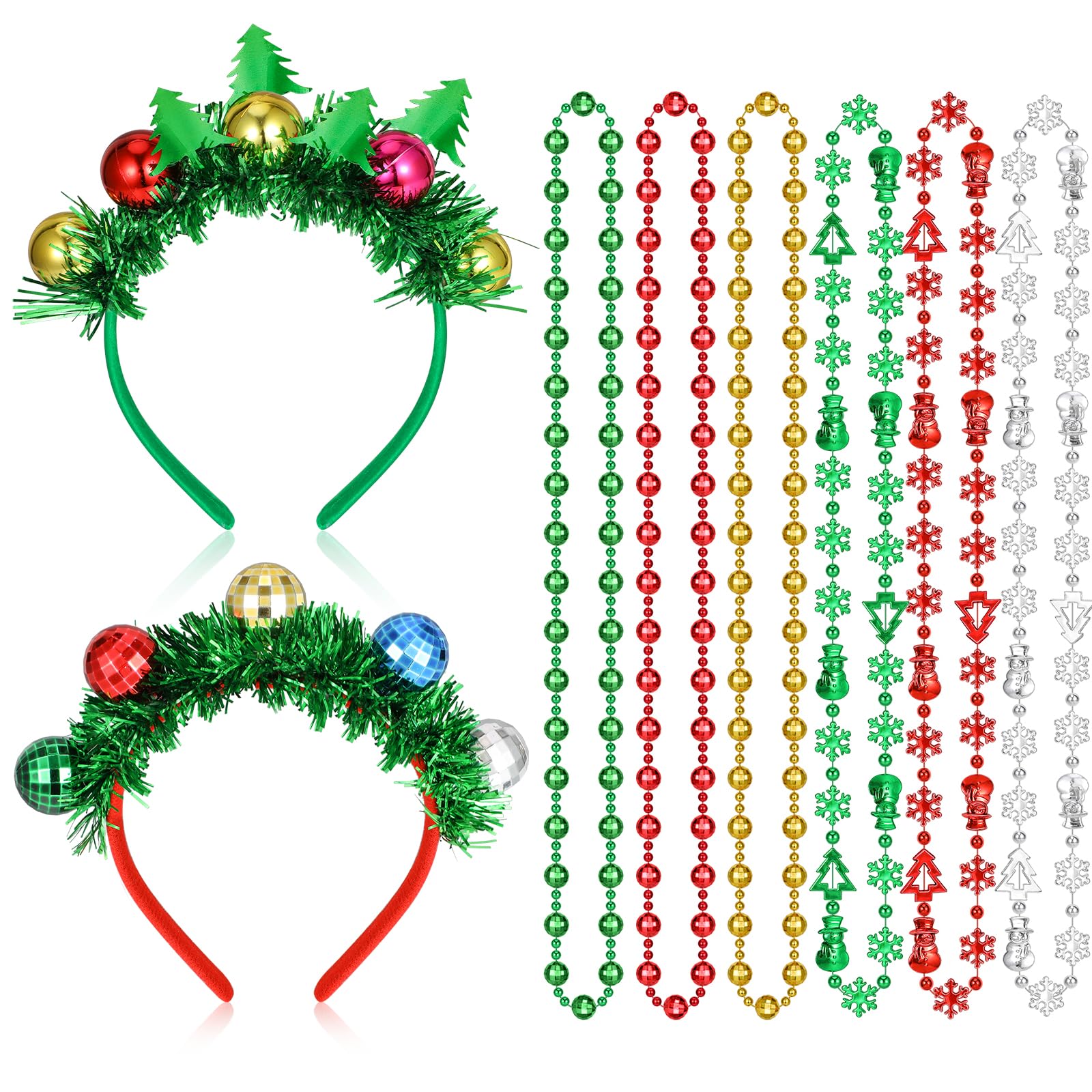 8PCS Party Accessories - 2PCS Bauble Headband & 6PCS Bead Necklace Set - Kids & Adults Christmas Headbands & Necklaces - Holiday Party Supplies